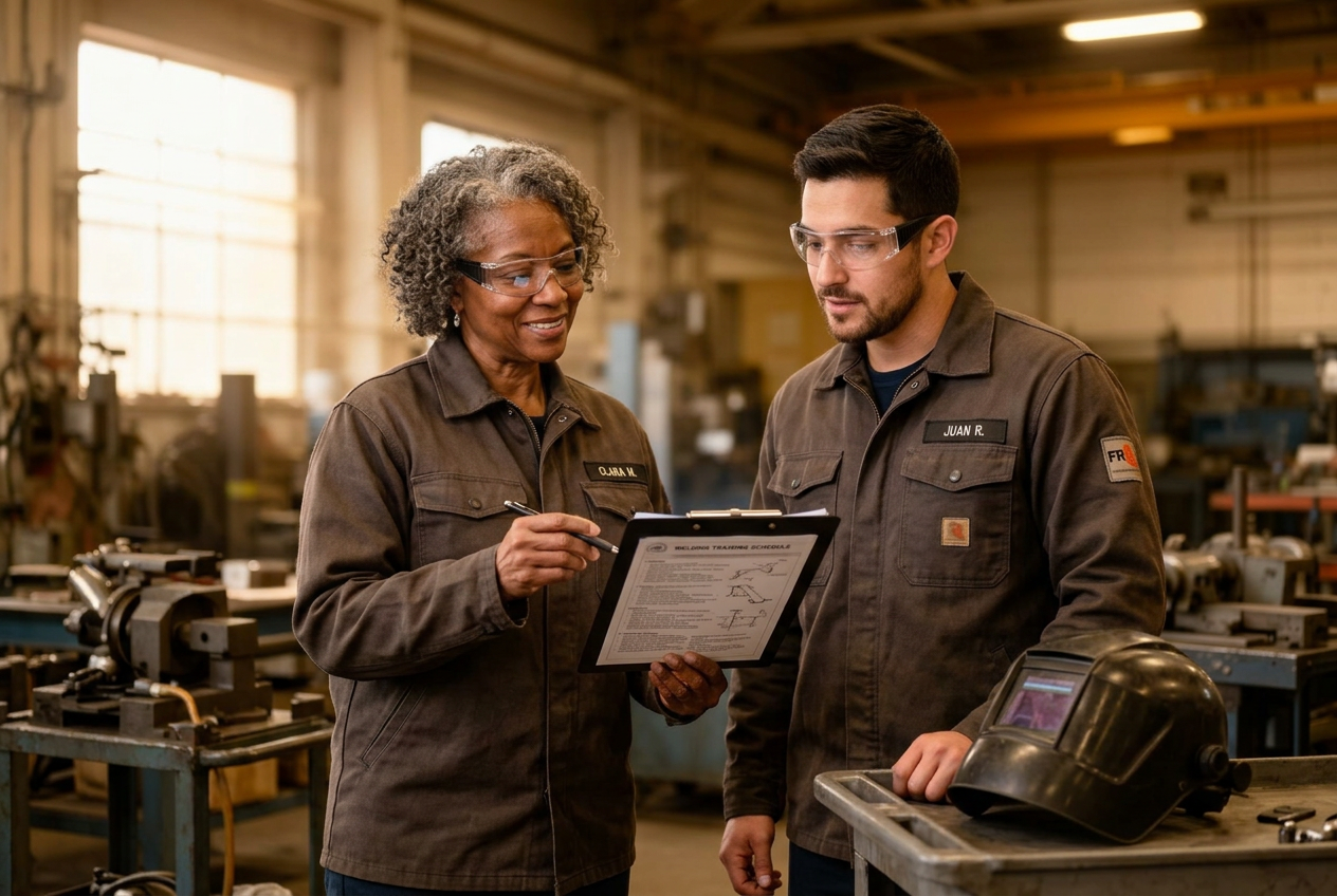 Two welding professionals reviewing a training plan together in the shop