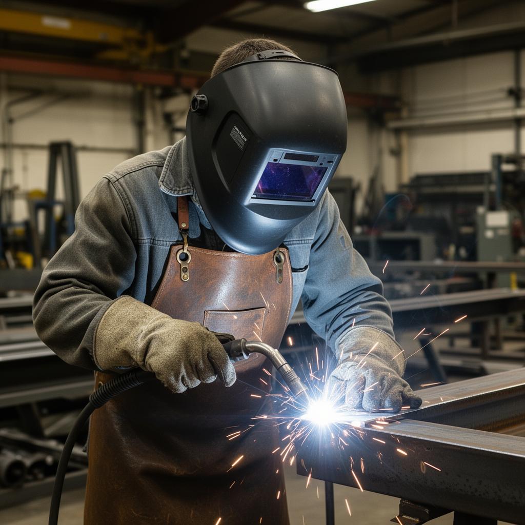 Shop welder in full welding helmet, gloves, and leather apron welding steel