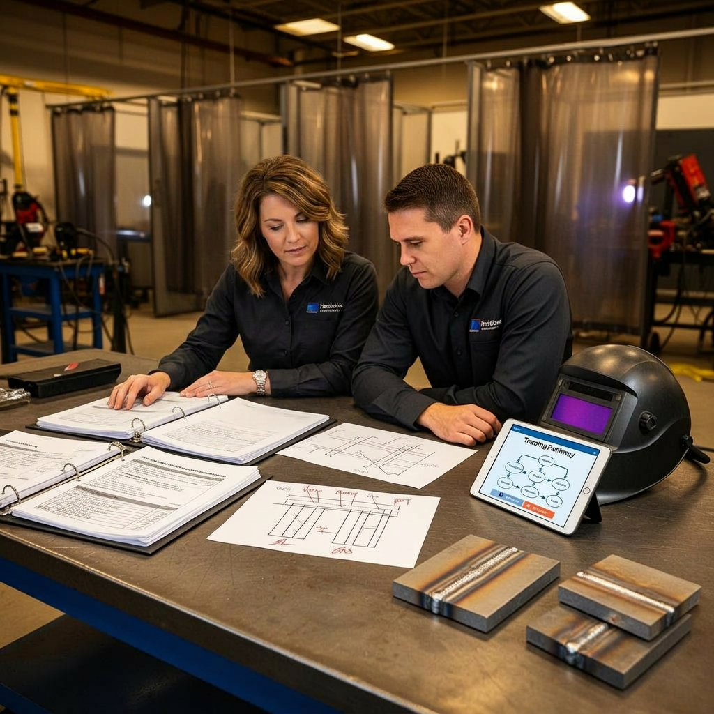 Welding instructors developing a training program with welding procedure binders, curriculum pages, weld coupons, and a training pathway diagram