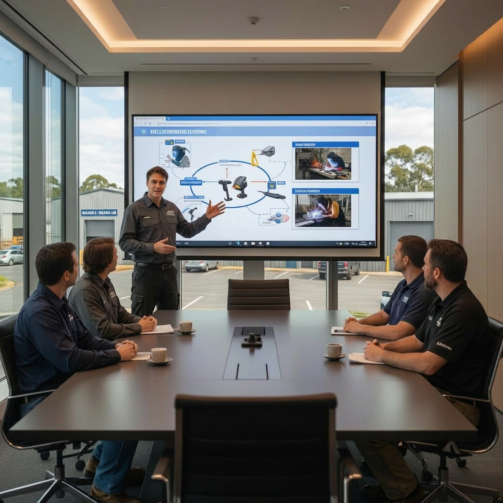 Presenter leading a welding training program discussion with four audience members in a modern conference room