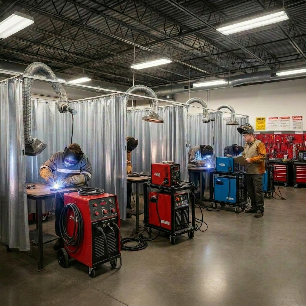 Welder in full PPE running a bead in a training environment
