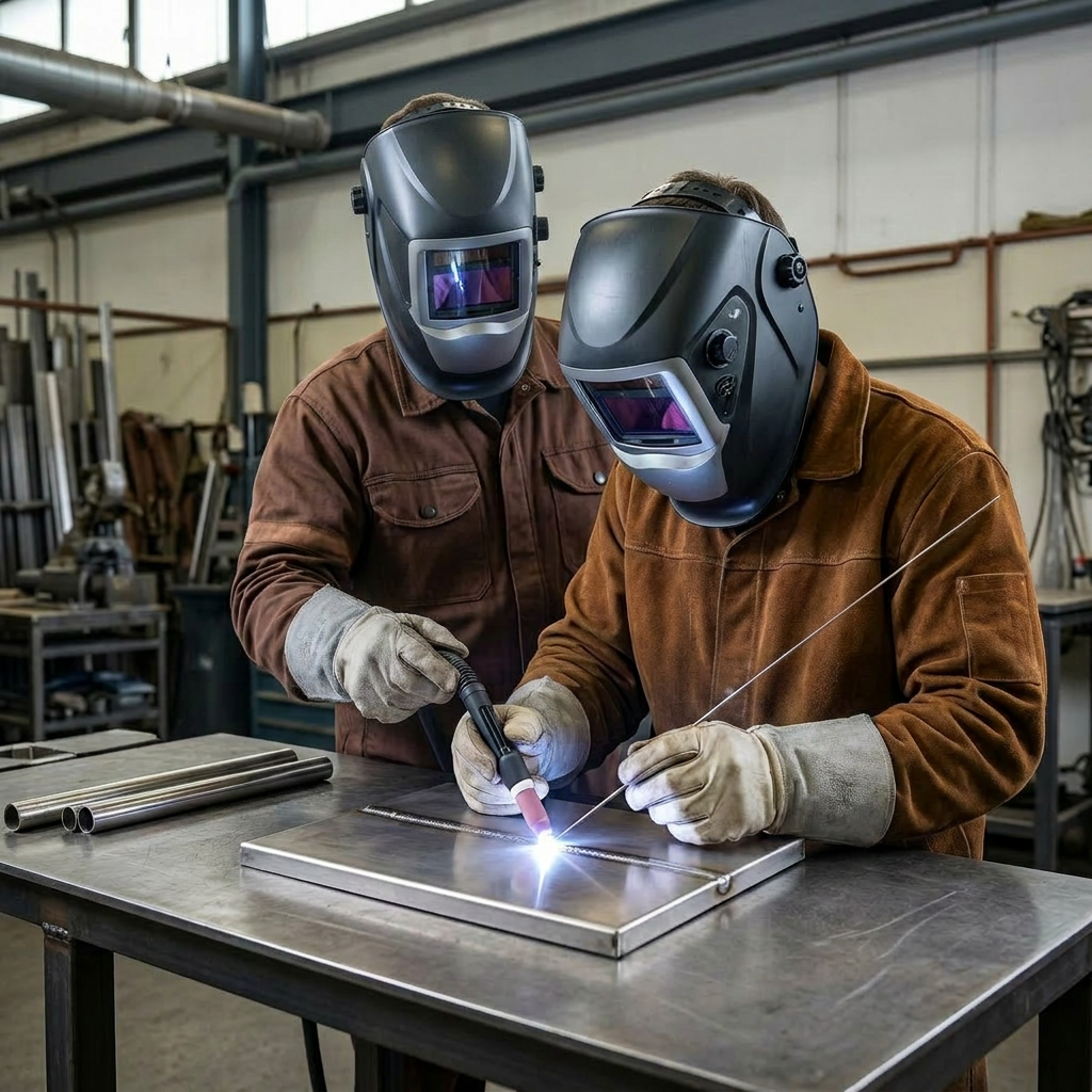 Instructor in full PPE coaching a welding trainee through a practice weld