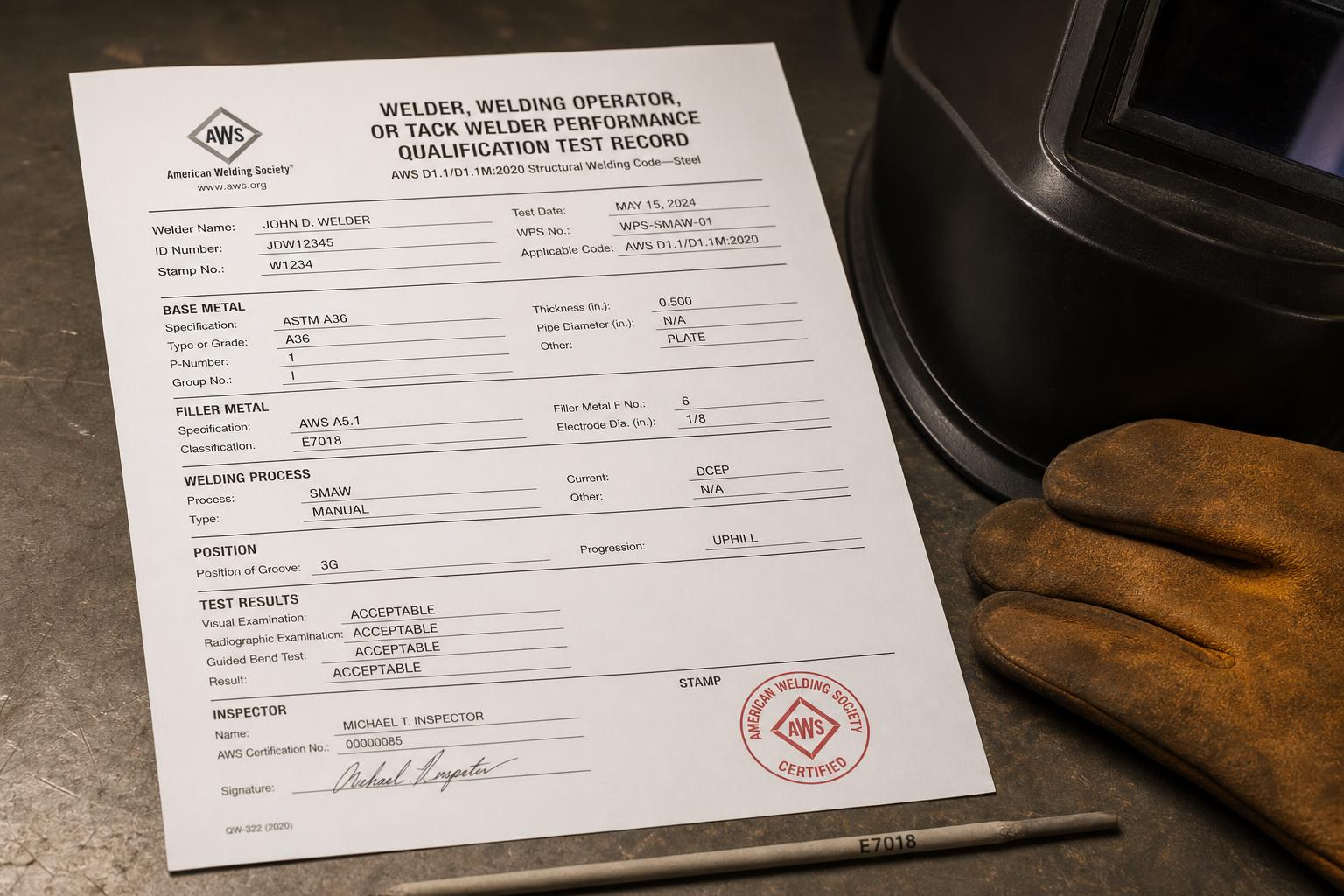 AWS D1.1 Welder Performance Qualification Test Record document with inspector signature and certified stamp